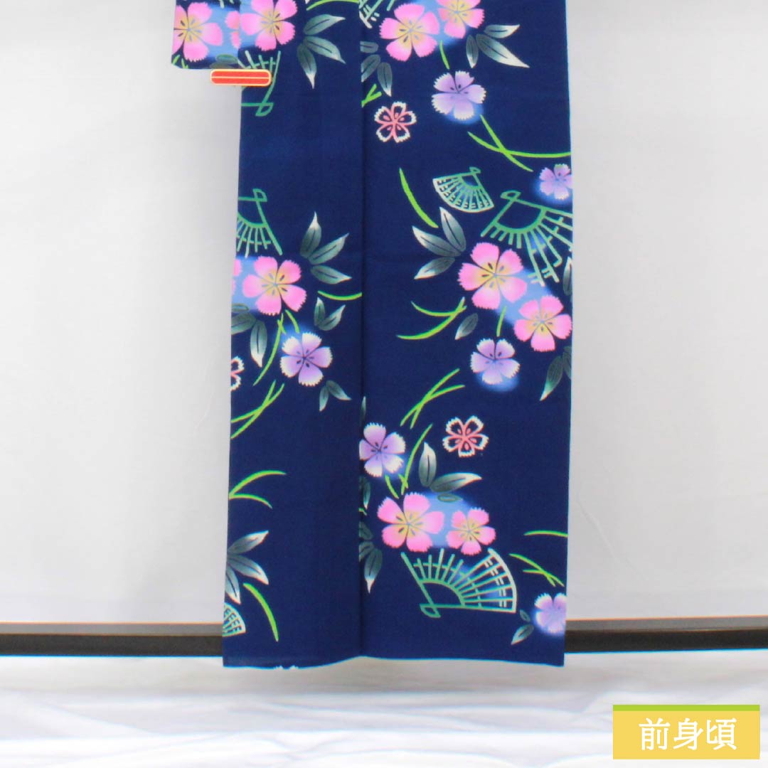 Cotton Yukata, Length 157cm, Sleeve Length 68.5cm, S Rank, Single Layer, Navy Blue, Cosmos, Fan Design, 1118005972318