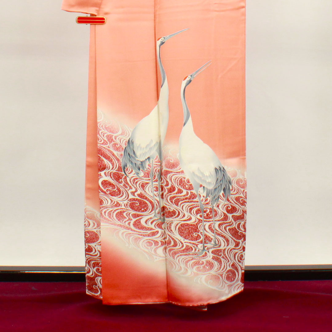 色留袖 身丈160.5cm 裄丈64cm 袷 珊瑚色 京友禅 鶴 流水 三つ扇 正絹 Sランク 三つ紋 橙系 1111001132426