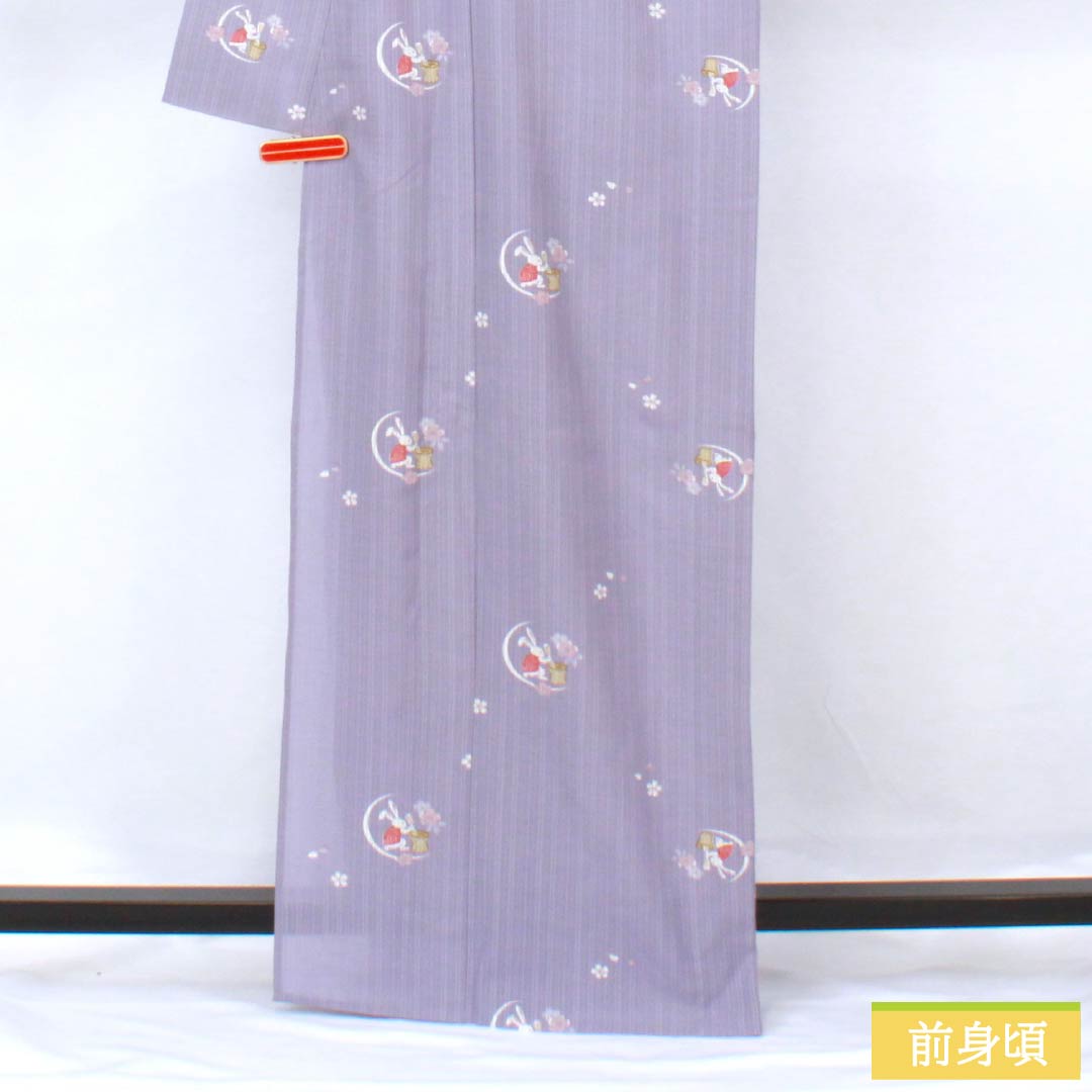 Summer kimono, polyester, small pattern, length 167cm, sleeve length 64.5cm, Beniminatoiro (beniminato-iro), moon-viewing rabbit, washable kimono, gauze, S rank, purple, 1132002172520