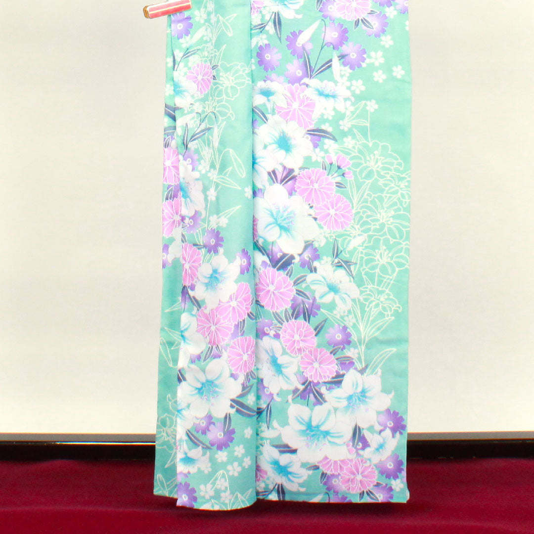 浴衣 水浅葱色 草花模様 ポリエステル Sランク 単衣 身丈162.5cm 裄丈66.5cm 水色系 1118001542424