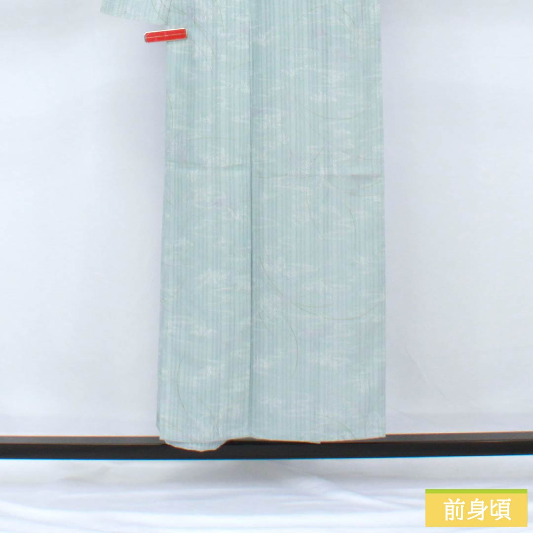 夏物 ポリエステル 小紋 身丈153cm 裄丈62.5cm 瓶覗色（かめのぞきいろ） 流水 秋草 洗える着物 紗 Aランク 水色系 1132002313224