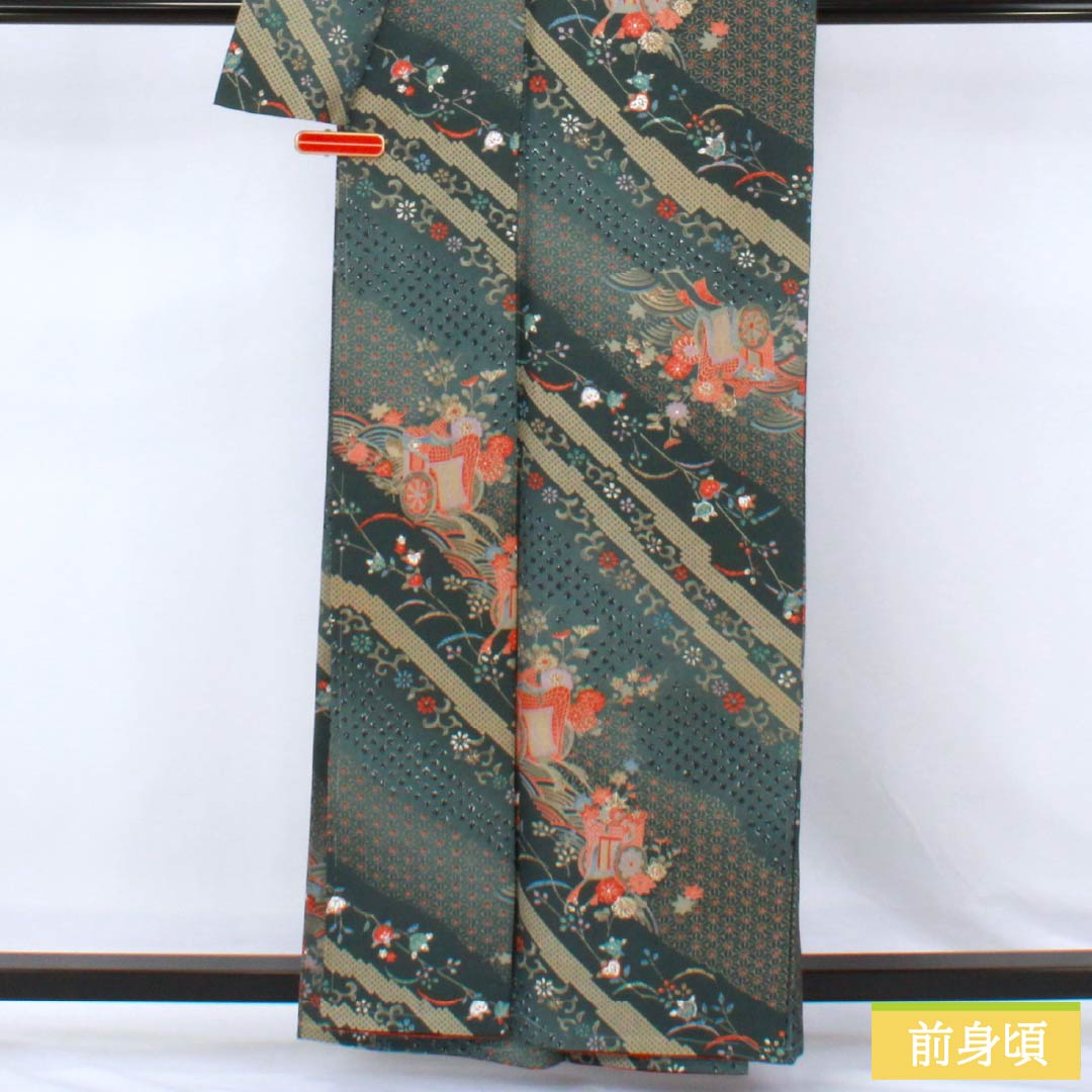 Small-patterned kimono, polyester, S rank, length 161cm, sleeve length 64.5cm, lined, iron-colored (Tetsuiro) and iron-colored (Tetsuonandoiro) with a Goshoguruma (imperial carriage) and flower motif, washable, green, 1115007562419
