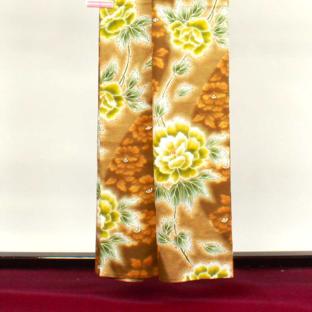 Yukata with basting thread, unused, chestnut color, peony, cotton, S rank, single layer, length 158.5cm, sleeve length 63.5cm, brown, 1118002702314