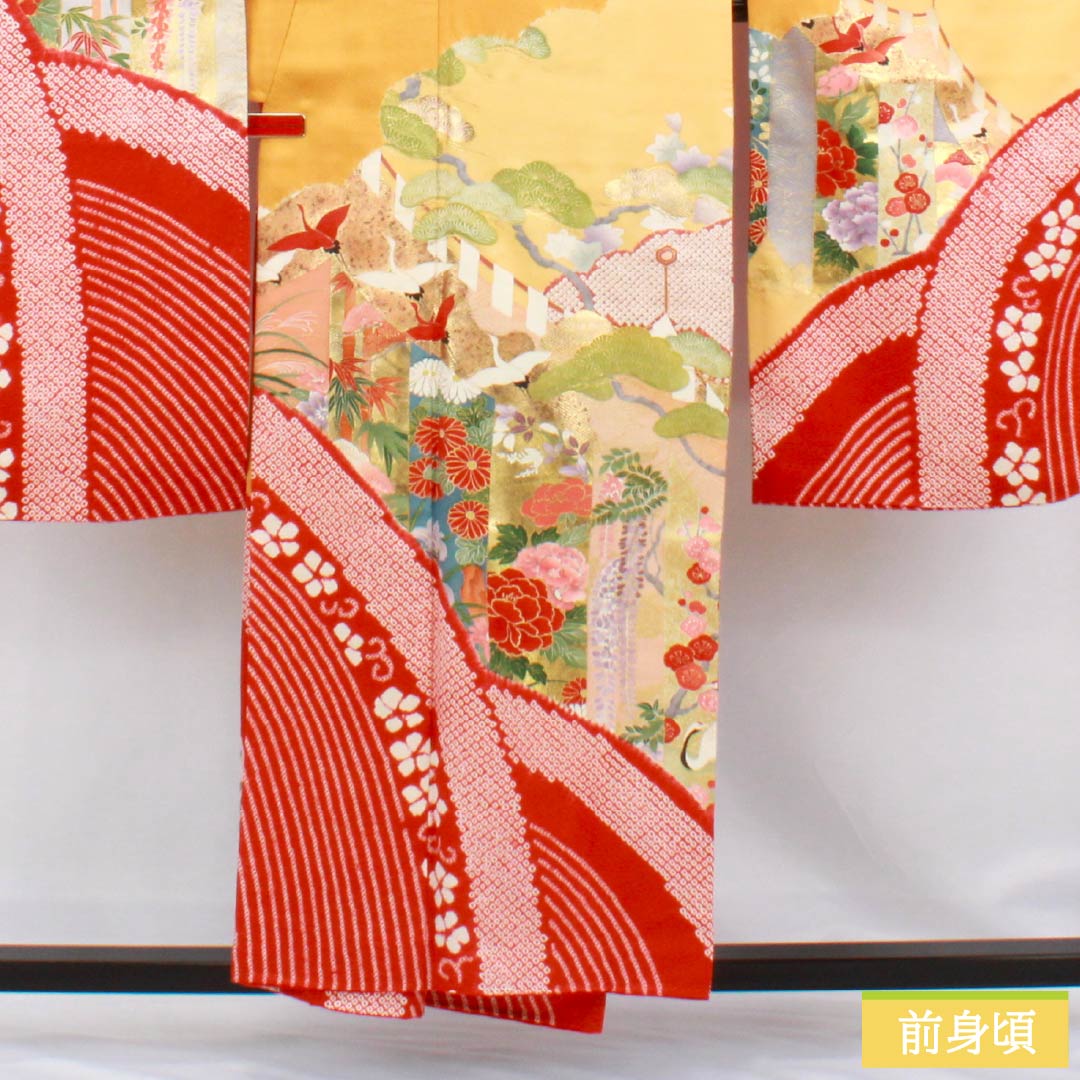 Furisode (long-sleeved kimono) made of pure silk, S-rank, length 152cm, sleeve length 61cm, lined, scarlet, Kyoto Yuzen, featuring auspicious motifs of cranes, plum blossoms, and pine trees in red. Product code: 1113002182212