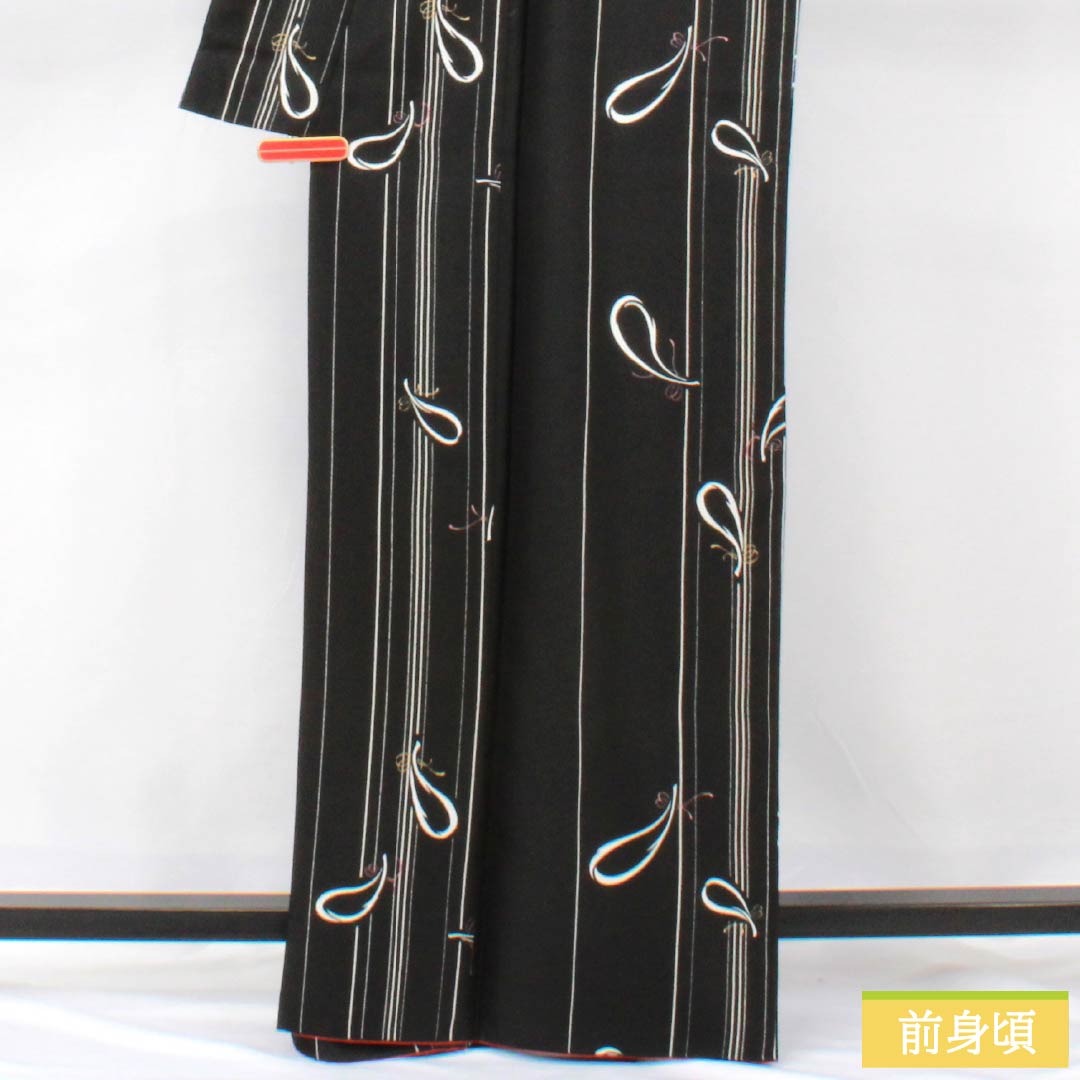 小紋 ポリエステル 身丈166cm 裄丈66cm 袷 抽象模様 洗える着物 Sランク 黒系 1115005942510