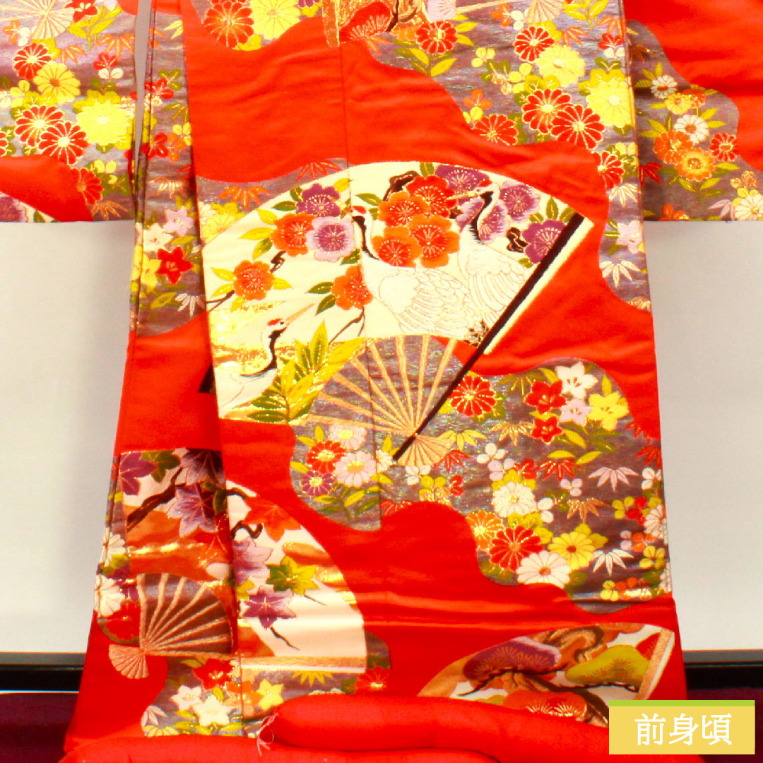 Colored uchikake, pure silk, length 185cm, sleeve length 66cm, maple leaf color, Karaori, auspicious motif, S rank, lined, vermilion, 1110000802916