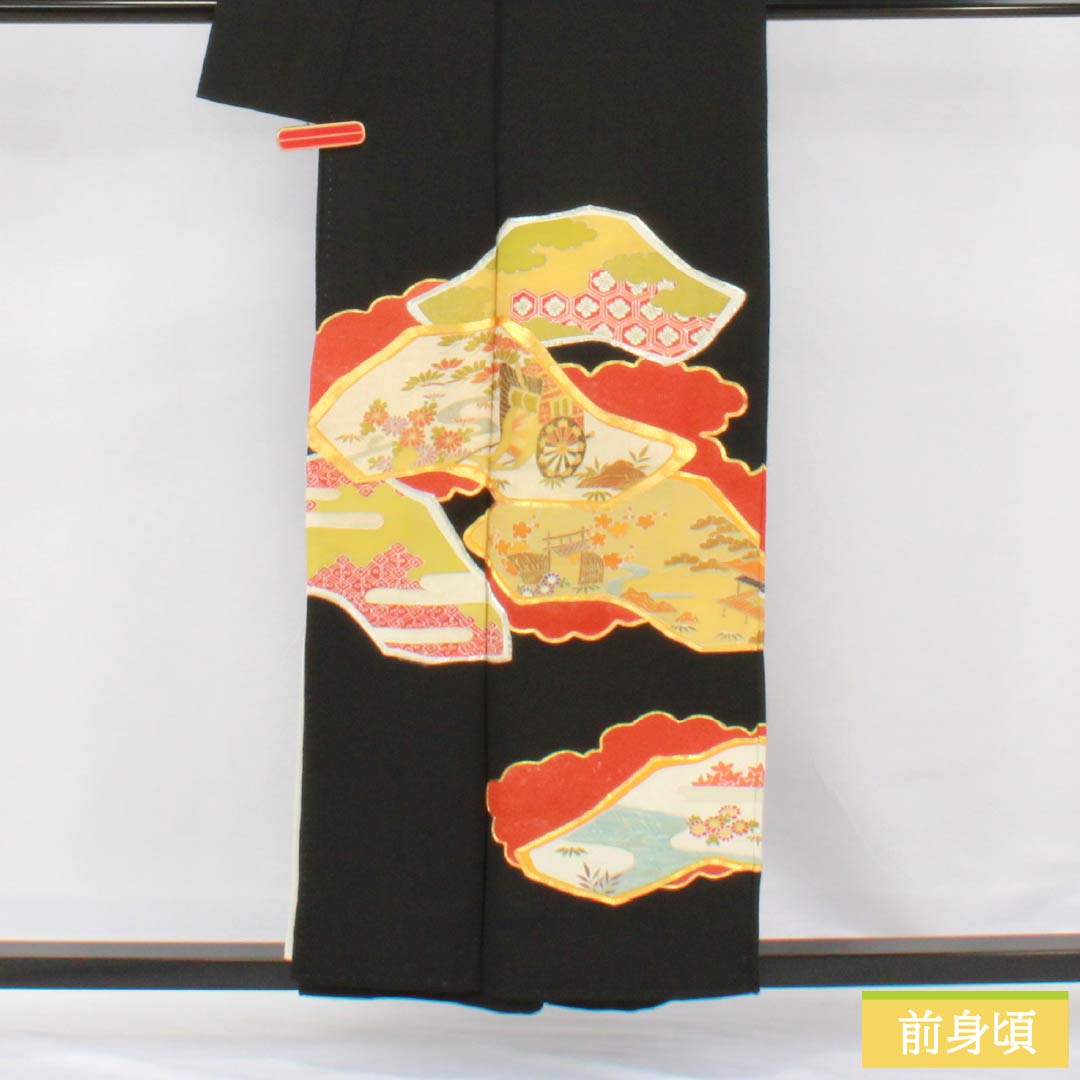 Black Tomesode (Japanese Kimono) - Pure Silk, Grade A, Length 155.5cm, Sleeve Length 63cm, Lined, Kyoto Yuzen, Five Crests, Gosan Paulownia, Auspicious Motifs, Imperial Carriage, Chaya-tsuji, Five Crests, Black, Item Number 1111001943310