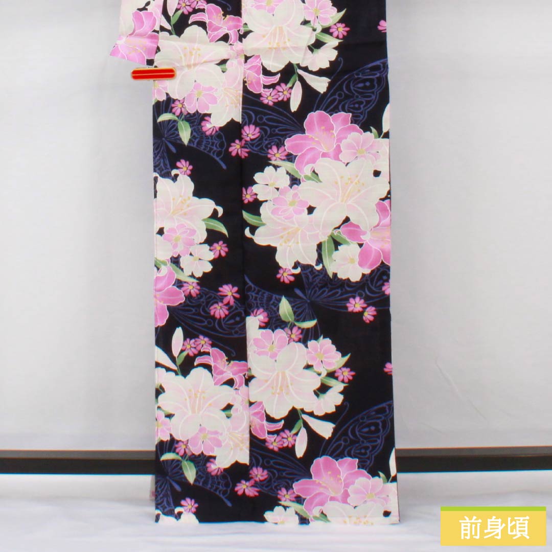 Yukata Cotton Length 166.5cm Sleeve length 65.5cm NEW rank Single layer Navy blue (Nukon-iro) Brand new unused item Comes with pre-tied obi Butterfly 1118005571518