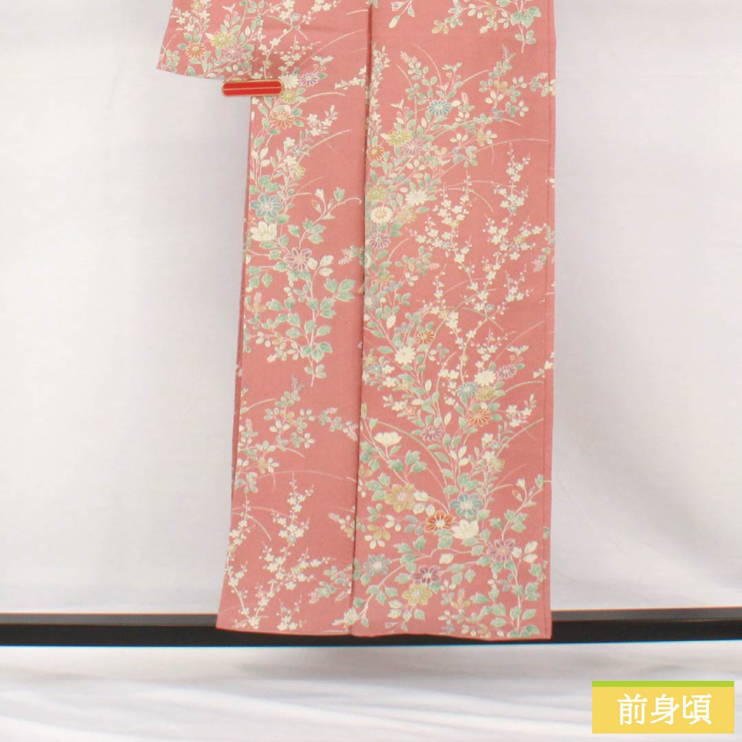 小紋 正絹 身丈156cm 裄丈62.5cm 袷 浅蘇芳色（あさきすおういろ） 草花模様 Aランク ピンク系 1115005083313