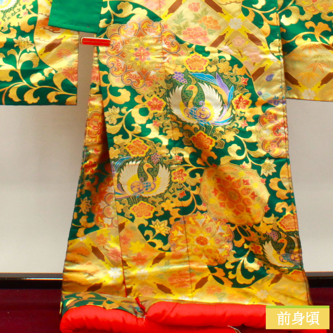 Colored uchikake, pure silk, length 196cm, sleeve length 68.5cm, gold leaf finish, phoenix, cloisonne, floral pattern, auspicious motif, S rank, lined, green, 1110000692919