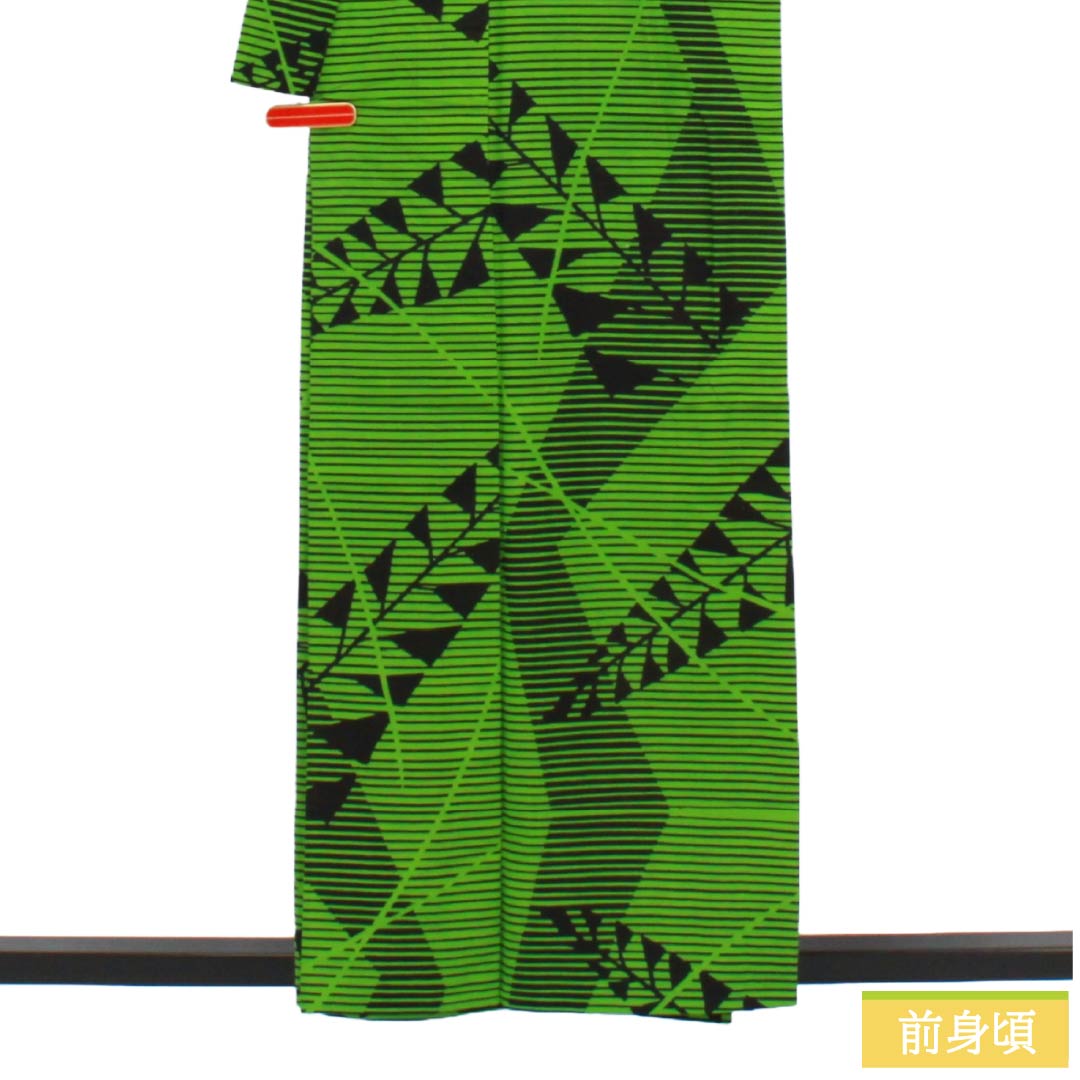 浴衣 木綿 Aランク 身丈158cm 裄丈66.5cm 常盤色（ときわいろ） 抽象模様 型染 単衣 緑系 1118006863319