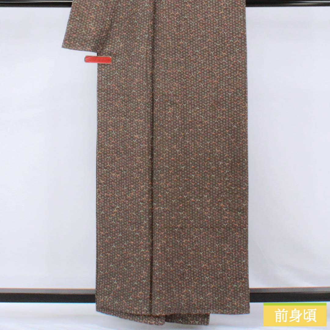 Komon silk kimono, S rank, length 159cm, sleeve length 66cm, lined, chestnut-colored crepe fabric with small flowers and brown accents, product number 1115007412314
