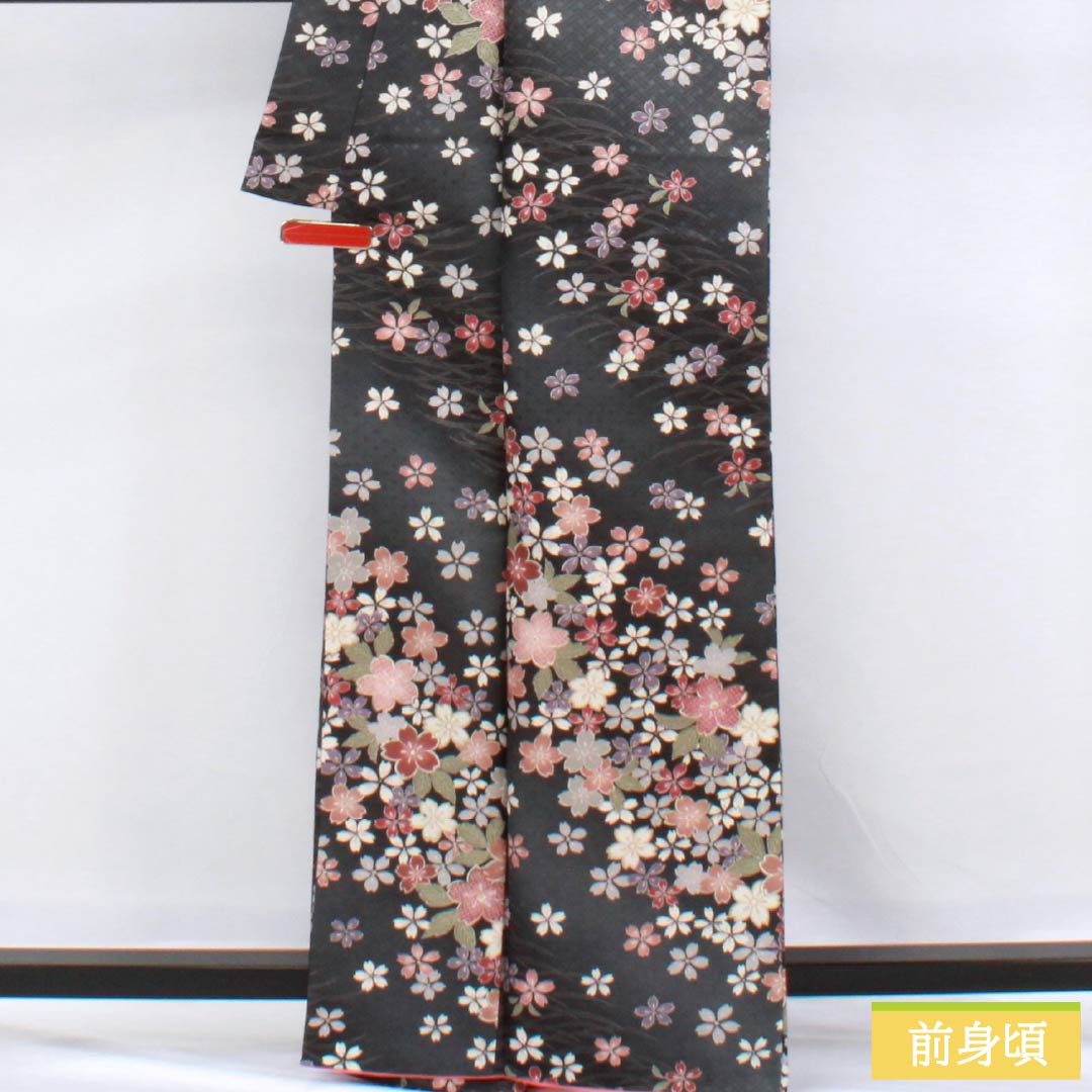 Komon (small pattern) kimono, polyester, length 164.5cm, sleeve length 63.5cm, lined, Noshimeiro (noshime-iro) pattern with dew grass and cherry blossoms, washable, S rank, gray, product number 1115006112422