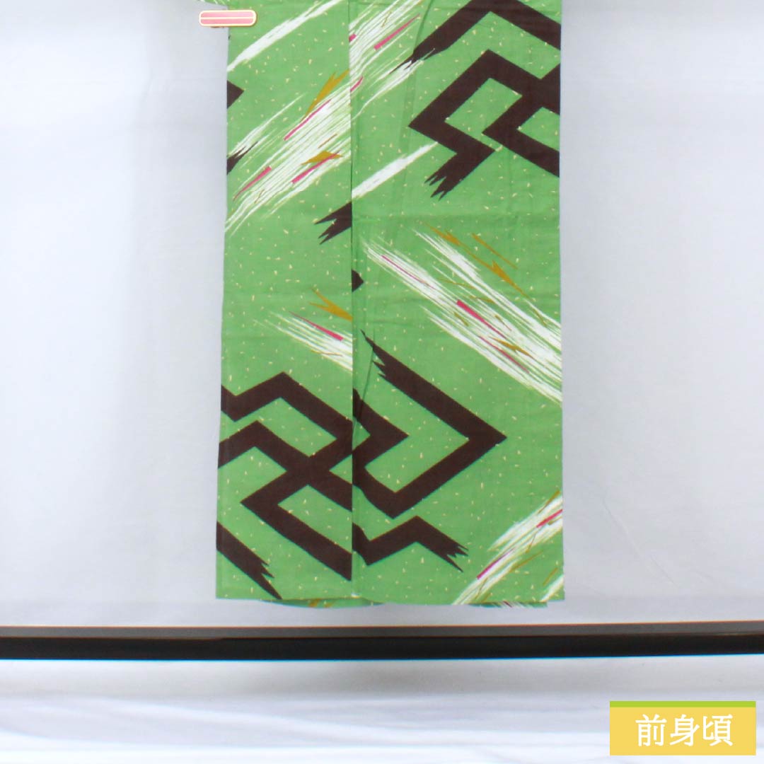 Yukata Cotton Length 149cm Sleeve length 67cm S rank Single layer Green Bright green (Senryoku-iro) Swastika 1118005452119