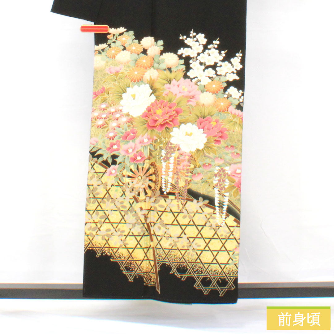 黒留袖 正絹 身丈155cm 裄丈63.5cm 袷 作家物 京友禅 花車 五つ紋 蔦 Bランク 黒系 1111001454310