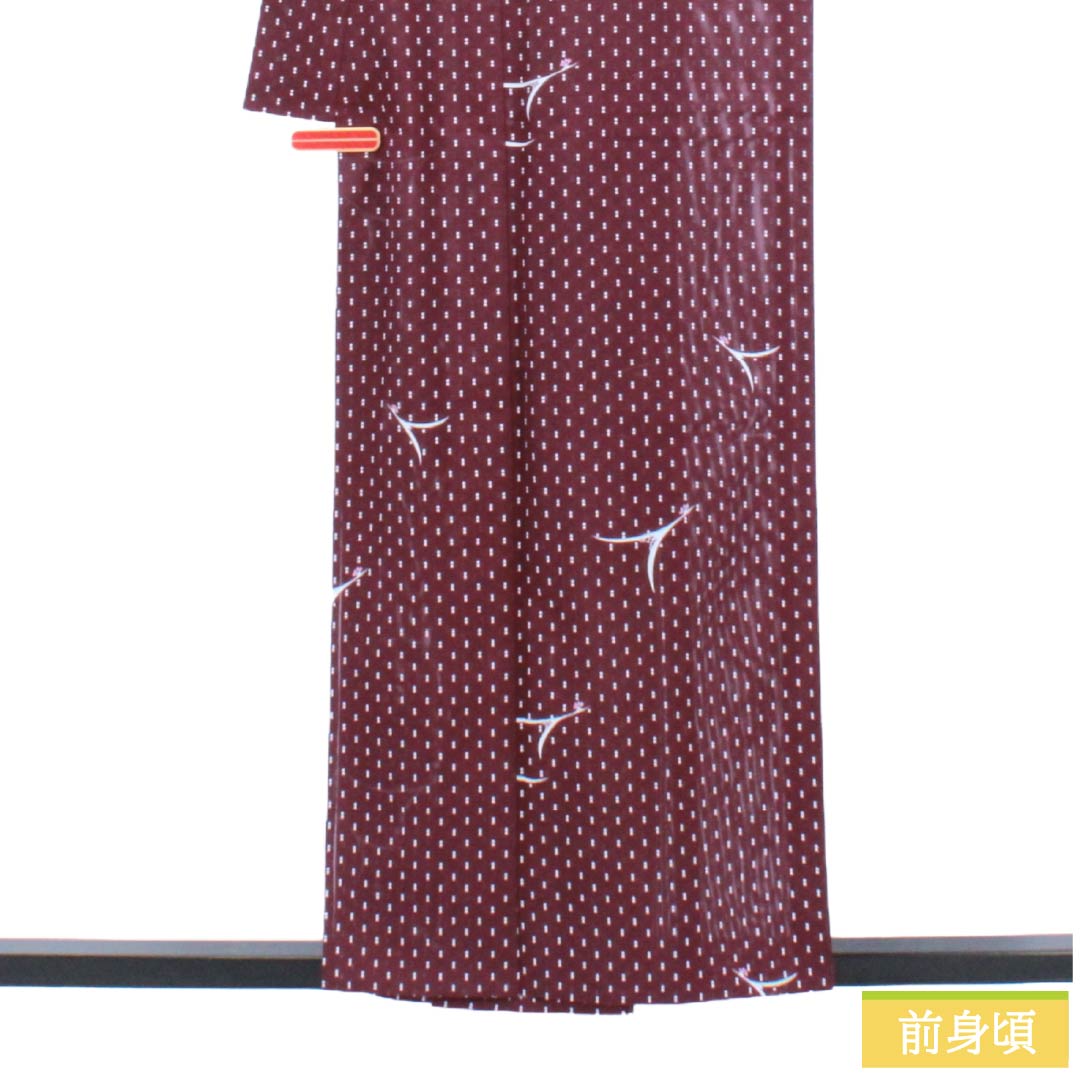 夏物 ポリエステル 小紋 Sランク 身丈157cm 裄丈68.5cm 桑の実色（くわのみいろ） 抽象模様 絽 紫系 1132004592320
