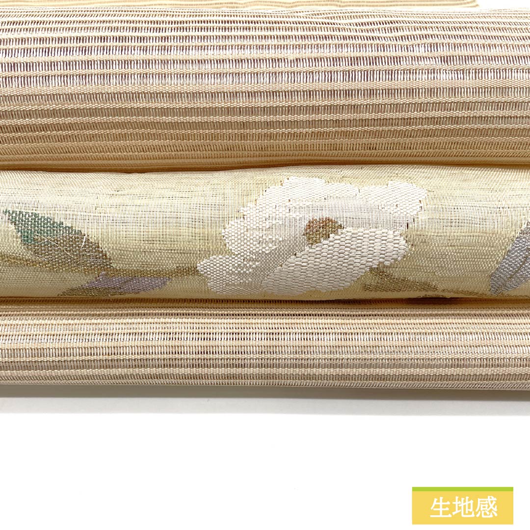 名古屋帯 正絹 砥粉色（とのこいろ） 夏帯 すくい織 花模様 帯丈362cm Aランク ポイント柄 セミフォーマル ベージュ系 1124008743325 松葉仕立て