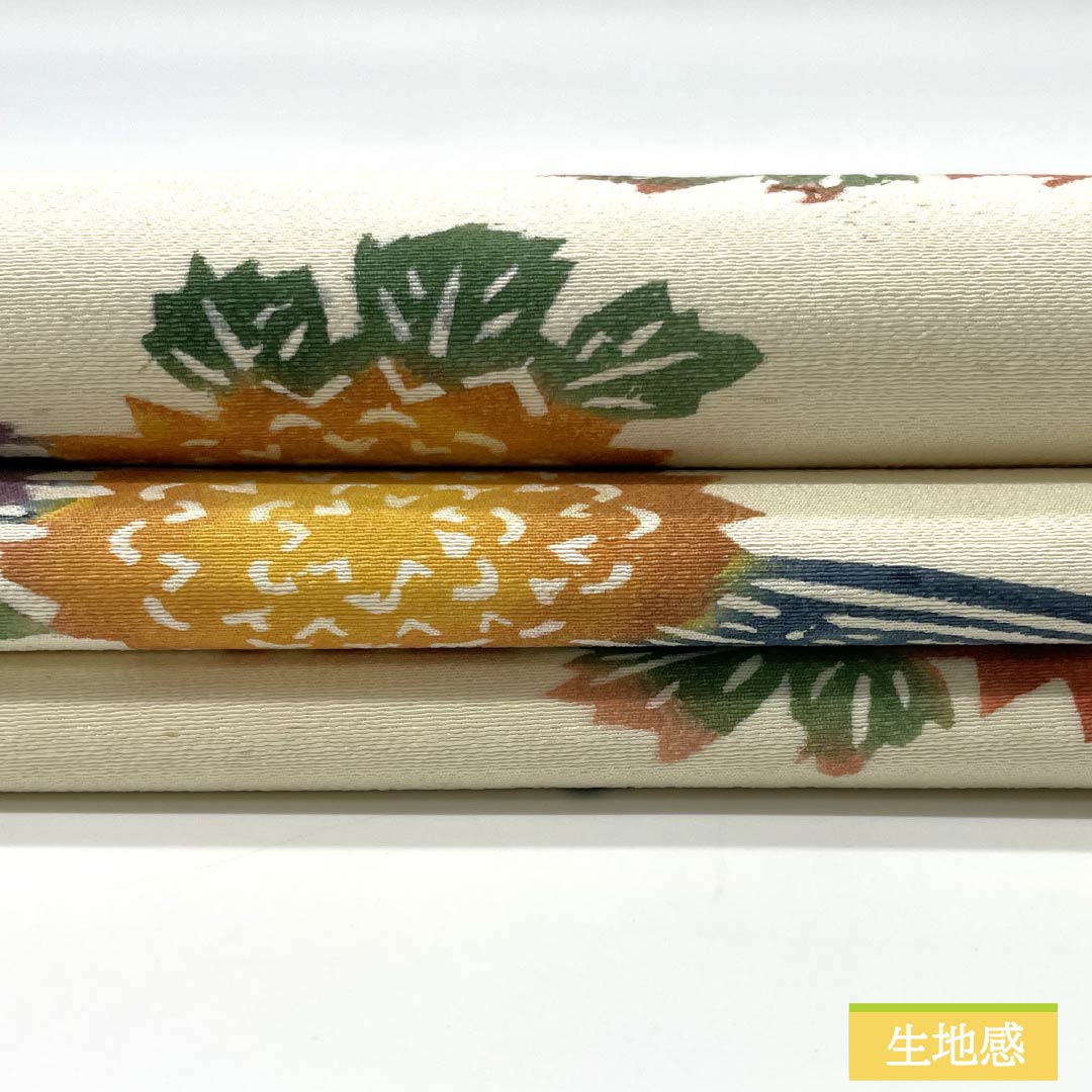 名古屋帯 生成り色（きなりいろ） 京紅型 抽象花模様 鳥 帯丈336cm 正絹 Aランク 六通 カジュアル クリーム系 1124008173315 名古屋仕立て
