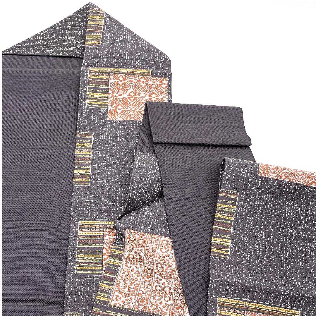 Nagoya Obi, Fujisuto Bamboo Color, Abstract Square Pattern, Length 367cm, Polyester, S Rank, Six-Ply, Casual, Gray, 1124003782322, Nagoya Obi Style