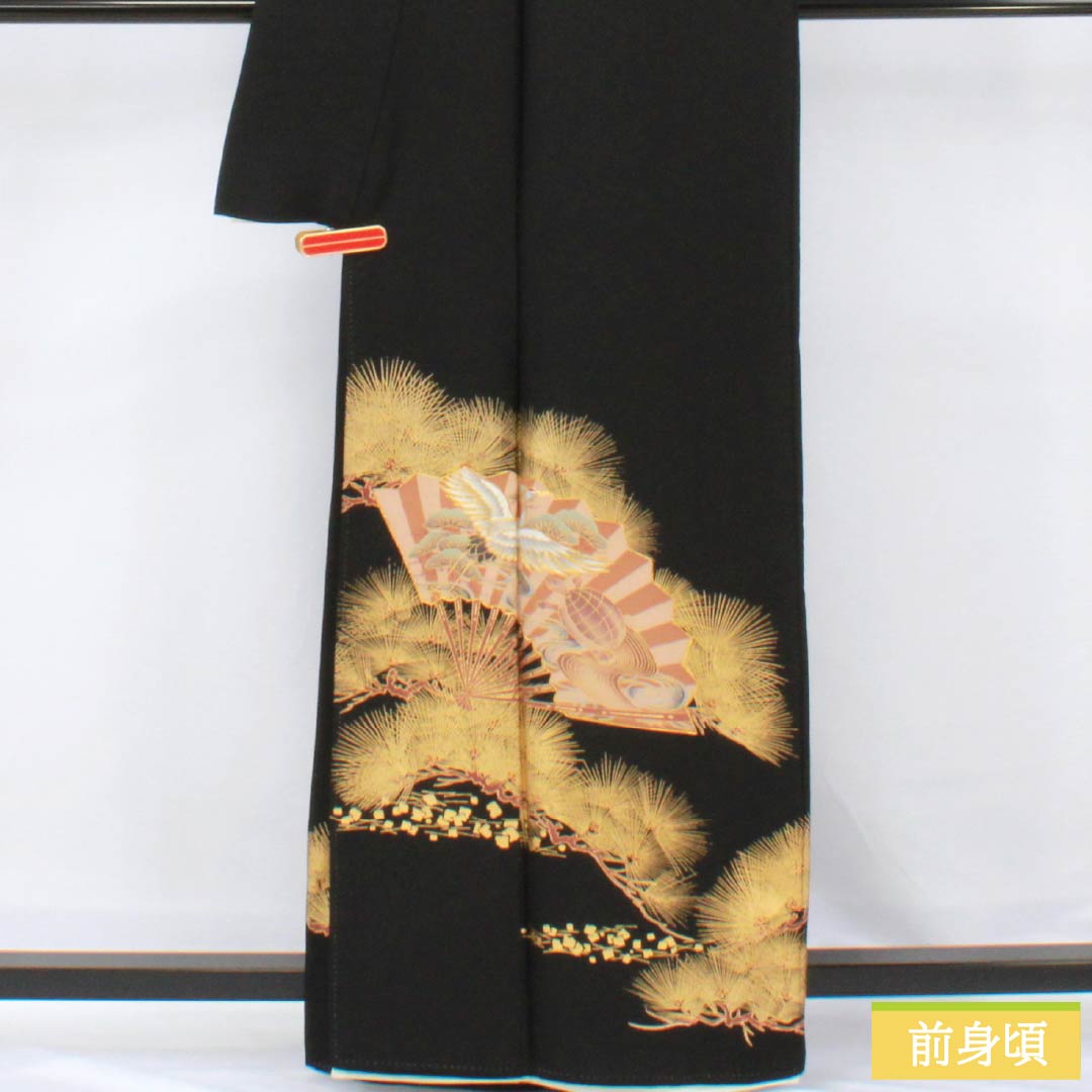 Black formal kimono, pure silk, A-rank, length 160.5cm, sleeve length 64cm, lined, five crests, three oaks, crane, pine, turtle, fan design, black, 1111001903410
