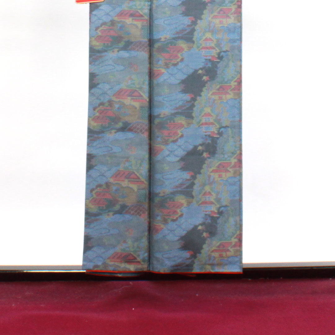 大島紬 身丈154cm 裄丈62cm 青袋鼠色 緯総絣 風景模様 正絹 Aランク 袷 青系 1116002673217