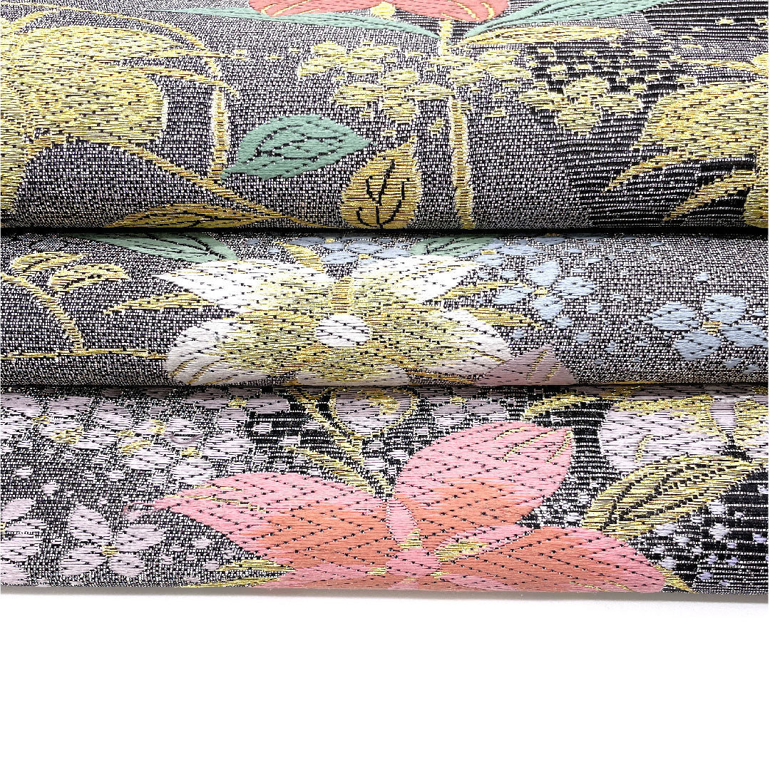 【未仕立】袋帯 正絹 NEWランク 花柄 振袖用 藤   帯丈455cm 六通 セミフォーマル 黒系 1123002491410