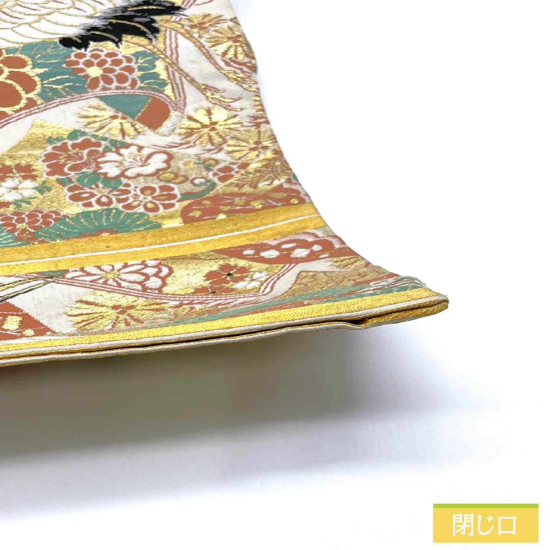 （丸帯）袋帯 正絹 Aランク 丸帯 留袖用 古典柄 鶴 菊 帯丈376cm 全通 フォーマル 金系 1123015773321