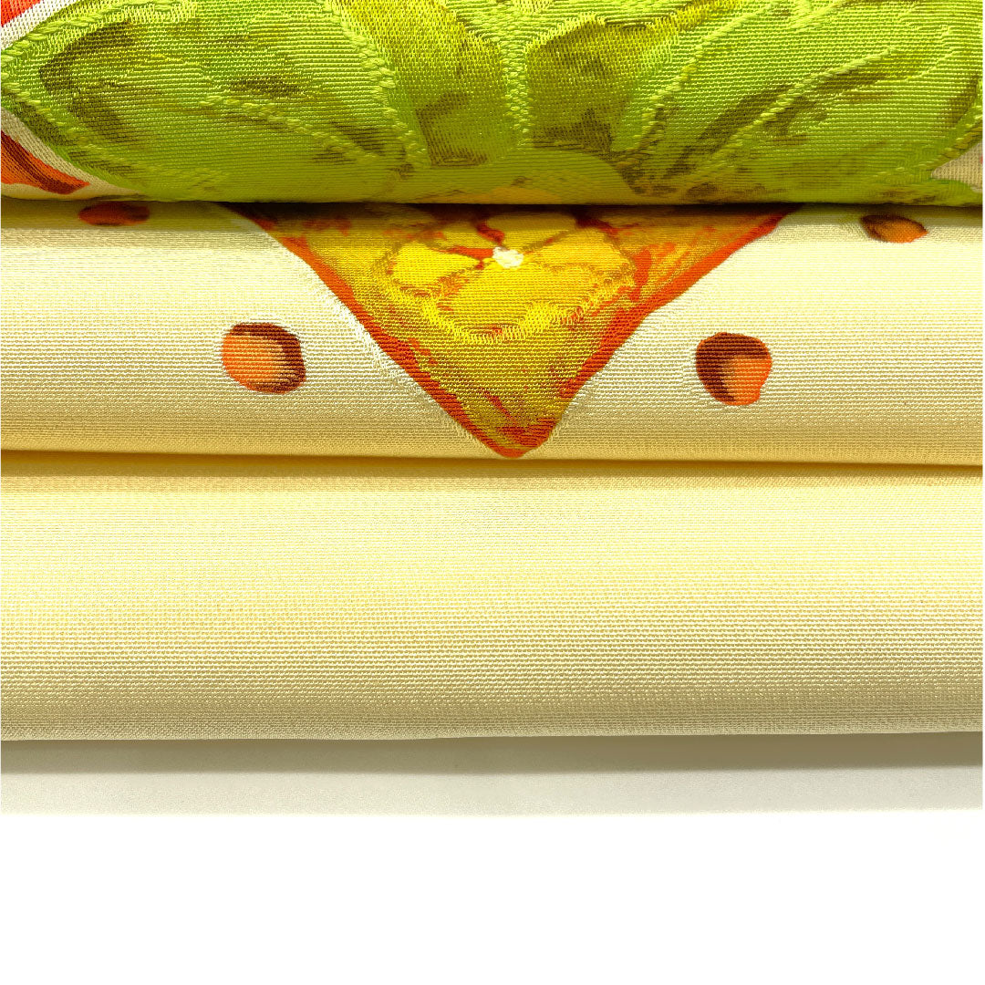 Nagoya obi with diamond and floral pattern, dyed obi, obi length 351cm, pure silk, A rank, point pattern, casual, cream color, 1124001433315, Nagoya style