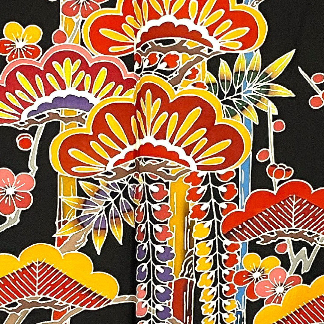 振袖 身丈166cm 裄丈67cm 袷  京紅型 松竹梅模様 正絹 Aランク 黒系 1113000523510