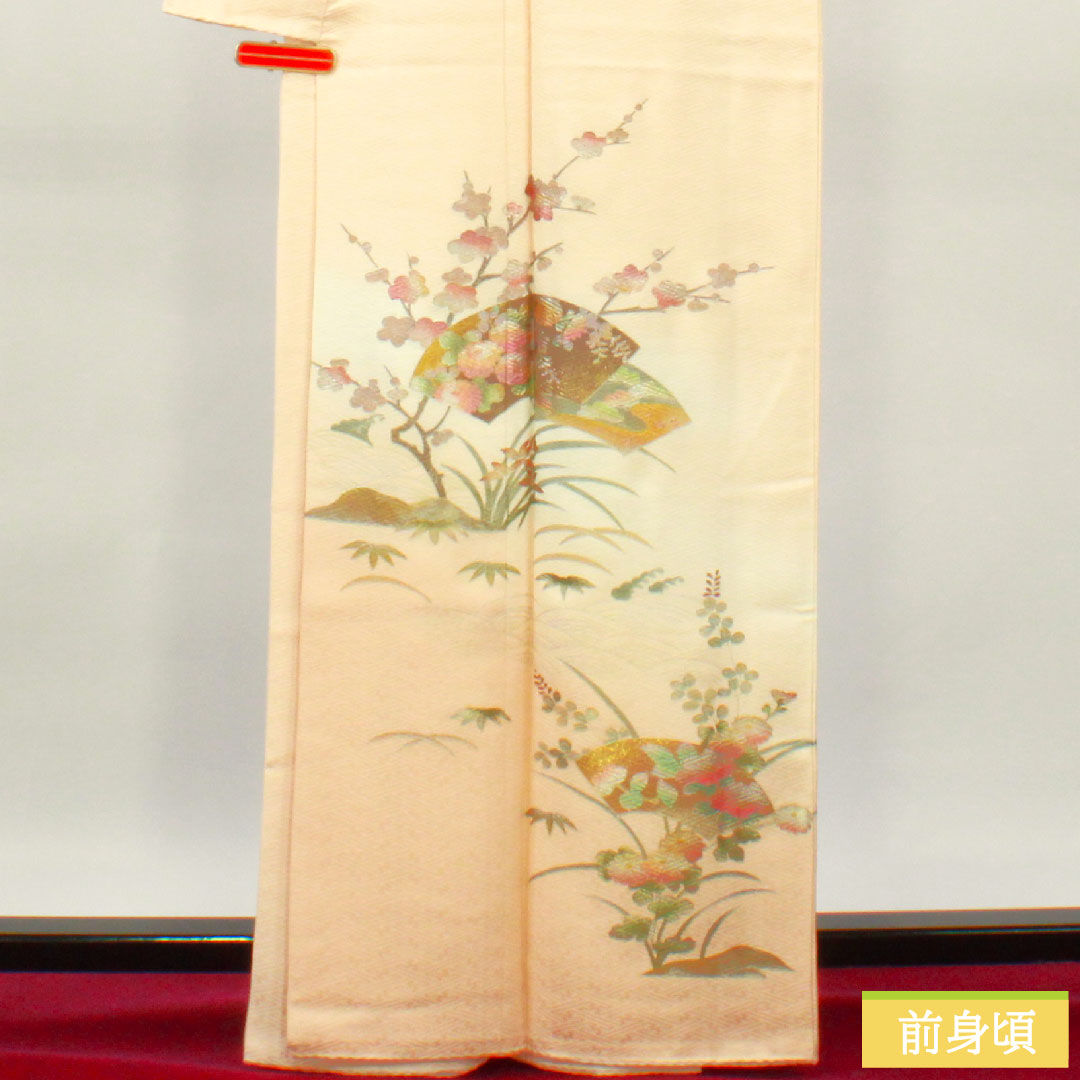 Homongi, pure silk, lined, length 164.5cm, sleeve length 65.5cm, maiden color, Kyoto Yuzen, gold leaf finish, floral pattern, pearl tone finish, S rank, pink, 1112004402413
