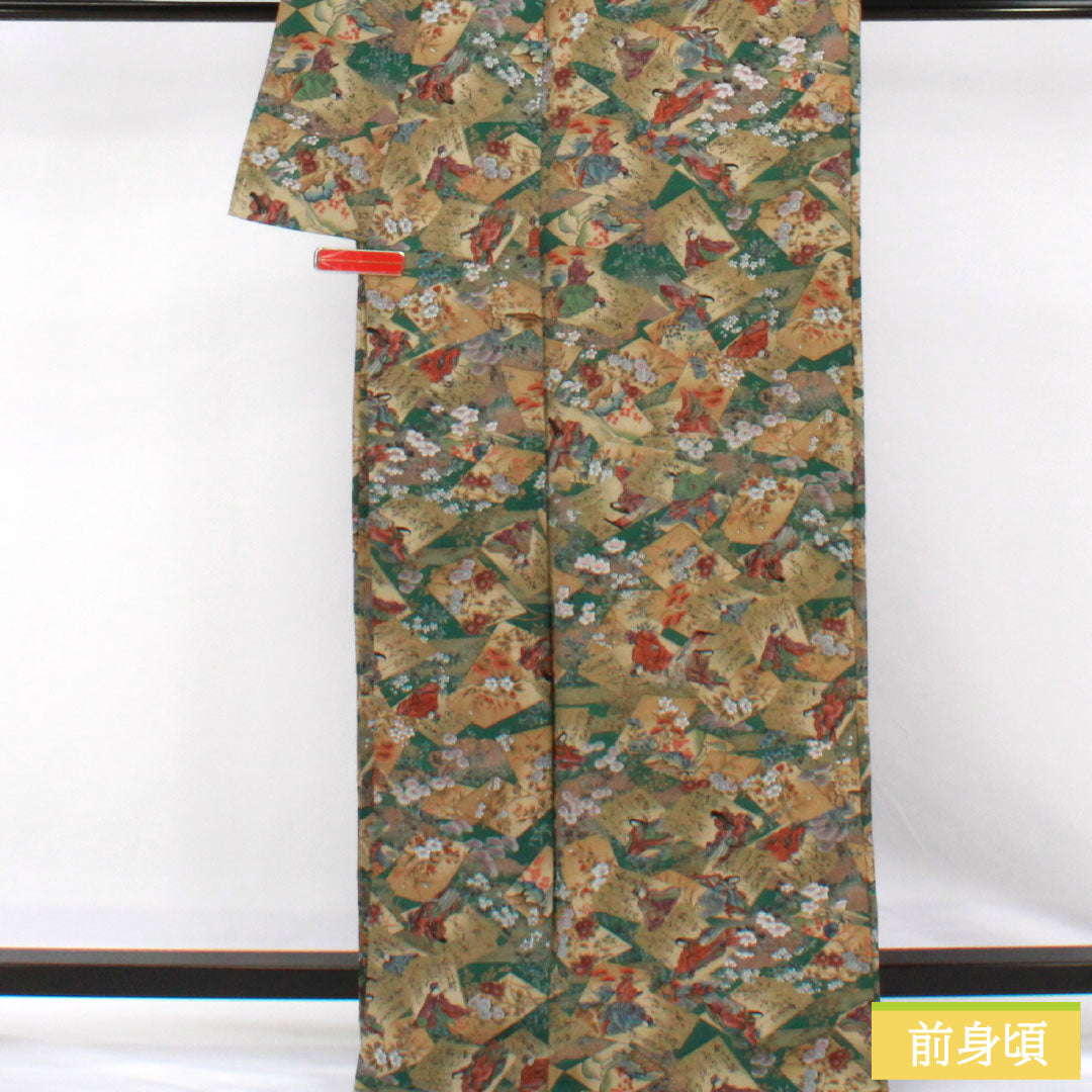 小紋 正絹 Sランク 身丈166cm 裄丈66cm 袷 柚葉色（ゆばいろ） ちりめん地 百人一首 緑系 1115007652519