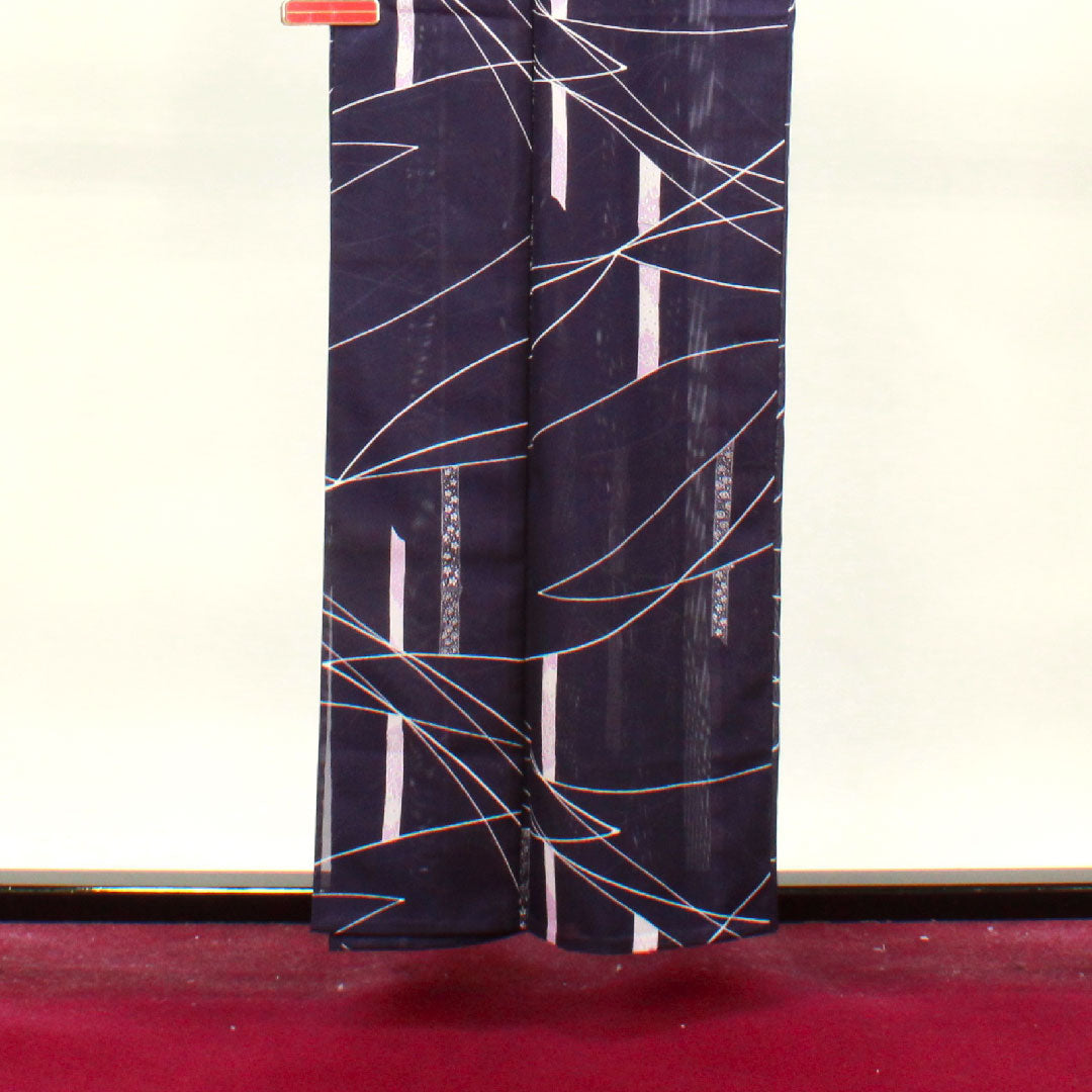 Summer item, polyester, small pattern, length 158.5cm, sleeve length 60.5cm, purple navy blue, bamboo, basting thread included, unused item, silk gauze, S rank, purple, 1132000942320