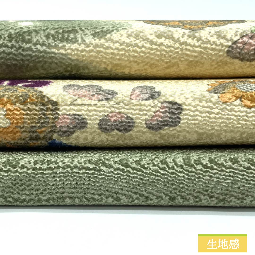 名古屋帯 正絹 Aランク 柳茶色（やなぎちゃいろ） ちりめん地 辻ヶ花 染め帯 帯丈347cm ポイント柄 カジュアル 緑系 1124009183319 名古屋仕立て