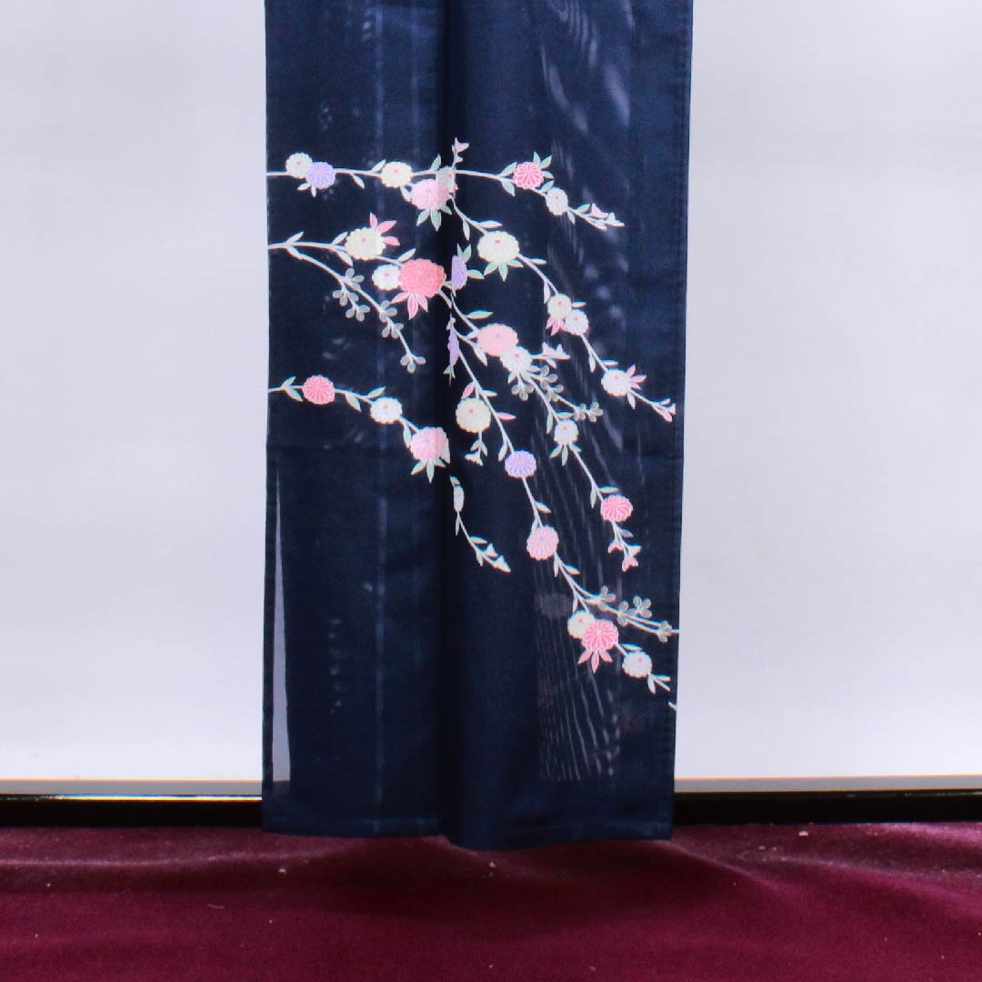 Summer polyester formal kimono, length 156.5cm, sleeve length 65cm, dark blue, chrysanthemum, silk, S rank, navy blue, 1132000102318