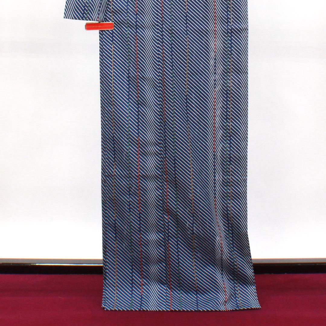 夏物 ポリエステル 小紋 身丈170.5cm 裄丈65cm 紺桔梗色（こんききょういろ） 幾何学模様 洗える着物 しつけ糸付き 絽 Sランク 紺系 1132001552618