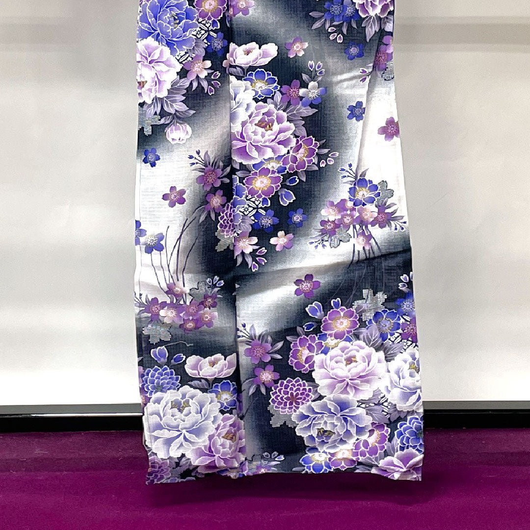 浴衣 桜 木綿 Sランク 単衣 身丈162cm 裄丈66cm 黒系 1118001502410