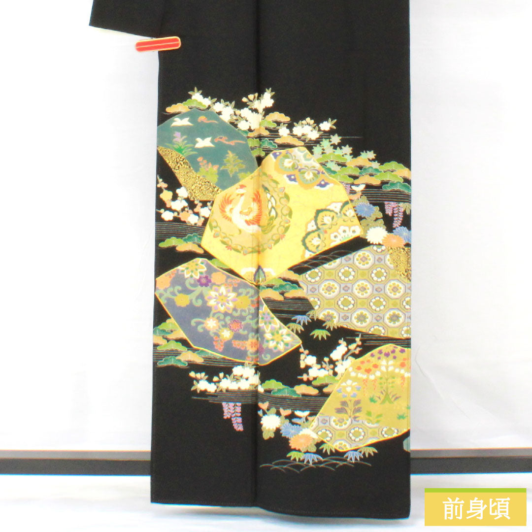 黒留袖 正絹 身丈162cm 裄丈68cm 袷 京友禅 割付文様 鳳凰 五つ紋 五三桐 Aランク 黒系 1111001733410