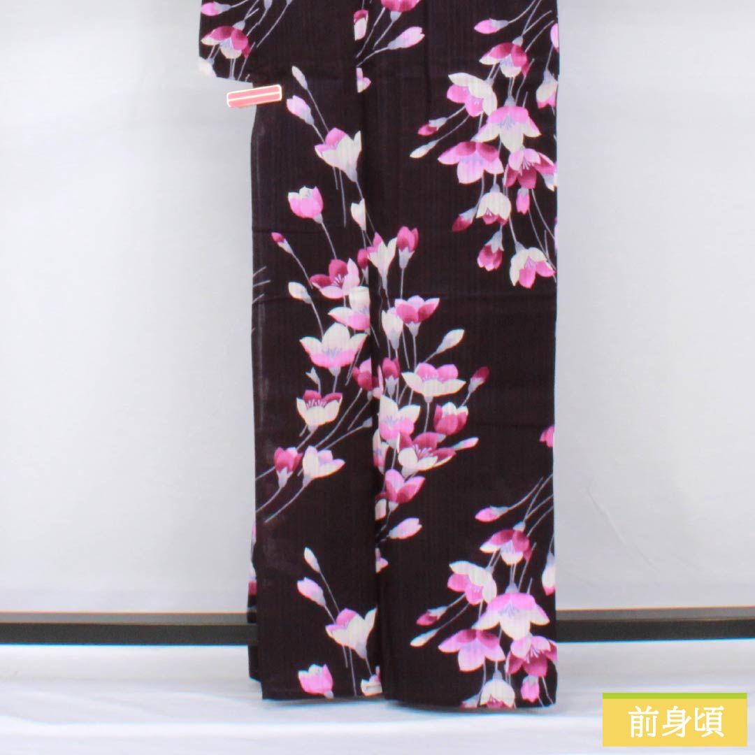 浴衣 木綿 身丈163cm 裄丈66.5cm Sランク 単衣 紫系 紫黒色（しこくしょく） 鉄線 1118005282420