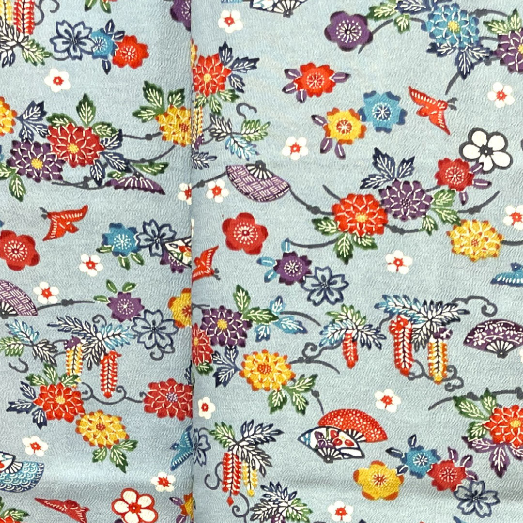 Komon, Length 160cm, Sleeve length 62cm, Lined, Light indigo, Stencil dyeing, Floral pattern, Pure silk, S rank, Blue 1115002742417
