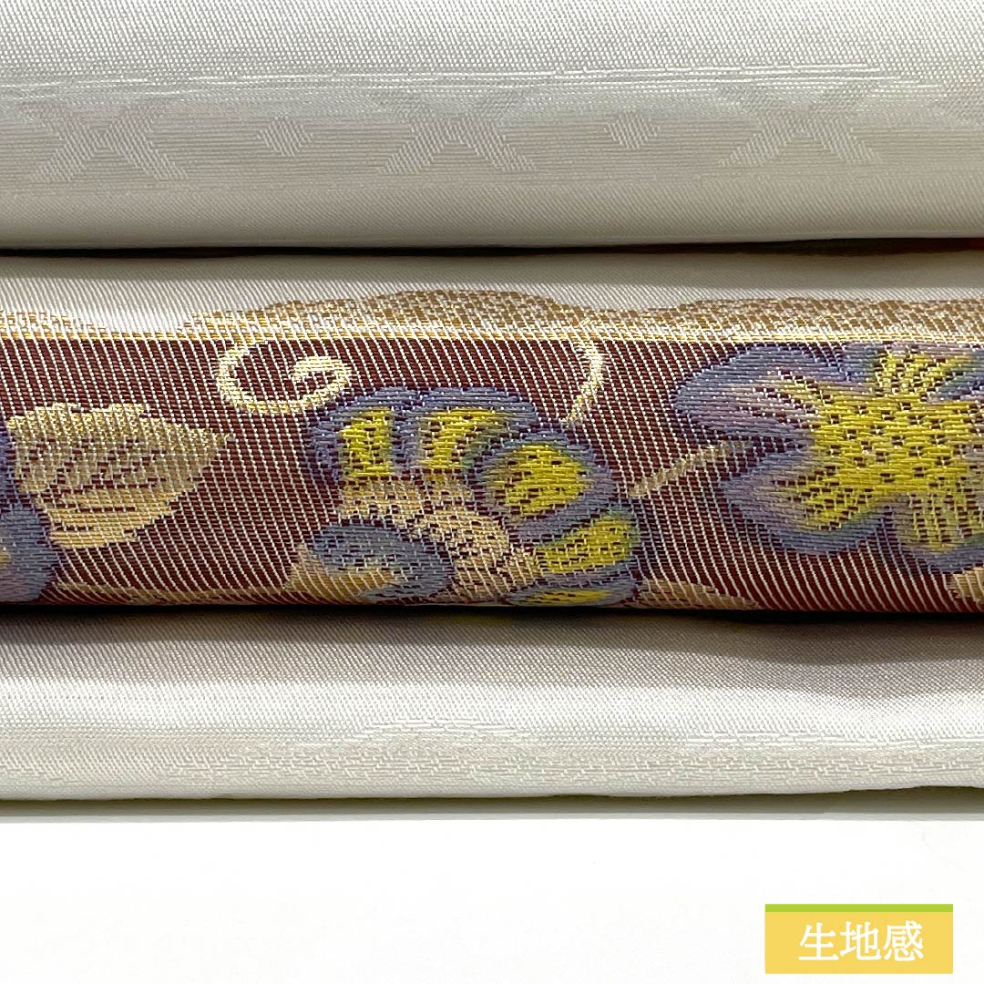 Nagoya Obi, Polyester, S-Rank, Classic Pattern, Horizontal Stripes, Chinese Flowers, Length 372cm, Pointed Pattern, Semi-Formal, White, 1124010792311, Nagoya Style
