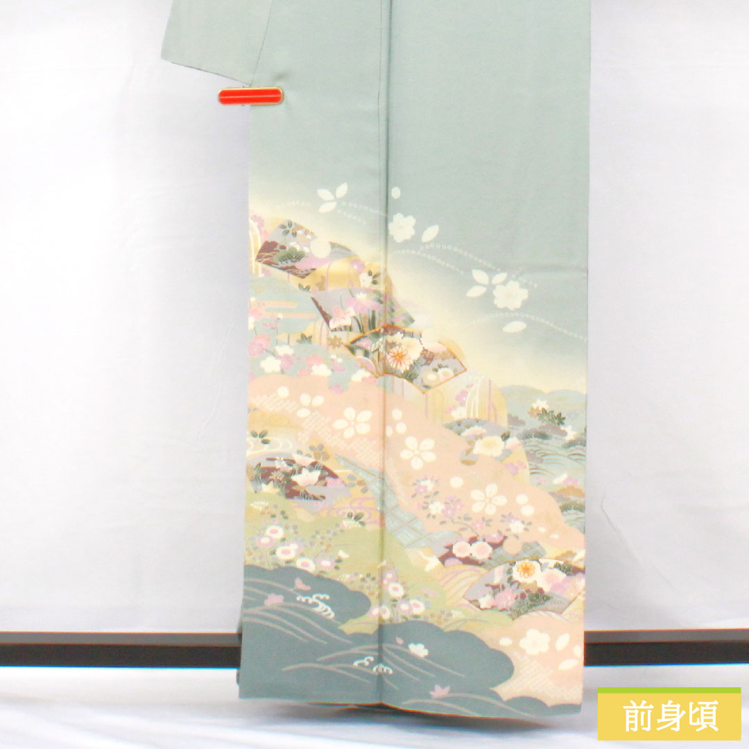 訪問着 正絹 袷 身丈161cm 裄丈66.5cm 青白磁色（せいはくじいろ） 京友禅 吉祥文様 Sランク 水色系 1112005792424