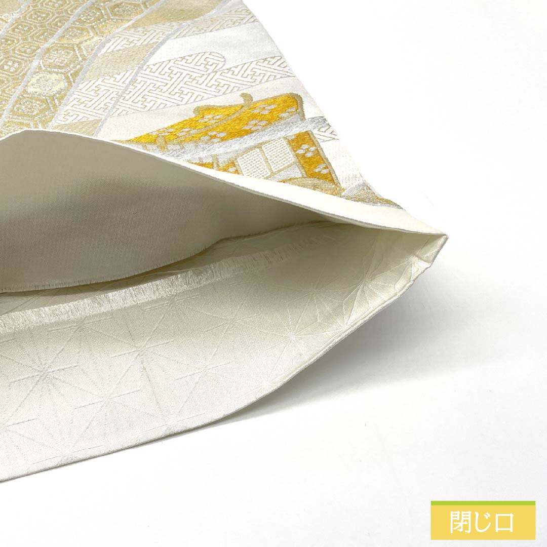 [Unfinished] Fukuro obi, polyester, A rank, lead white (enpaku-iro), for Tomesode, Gosho Guruma, auspicious patterns, tortoise shell, obi length 436cm, Rokutsu, formal, white family, 1123013503311