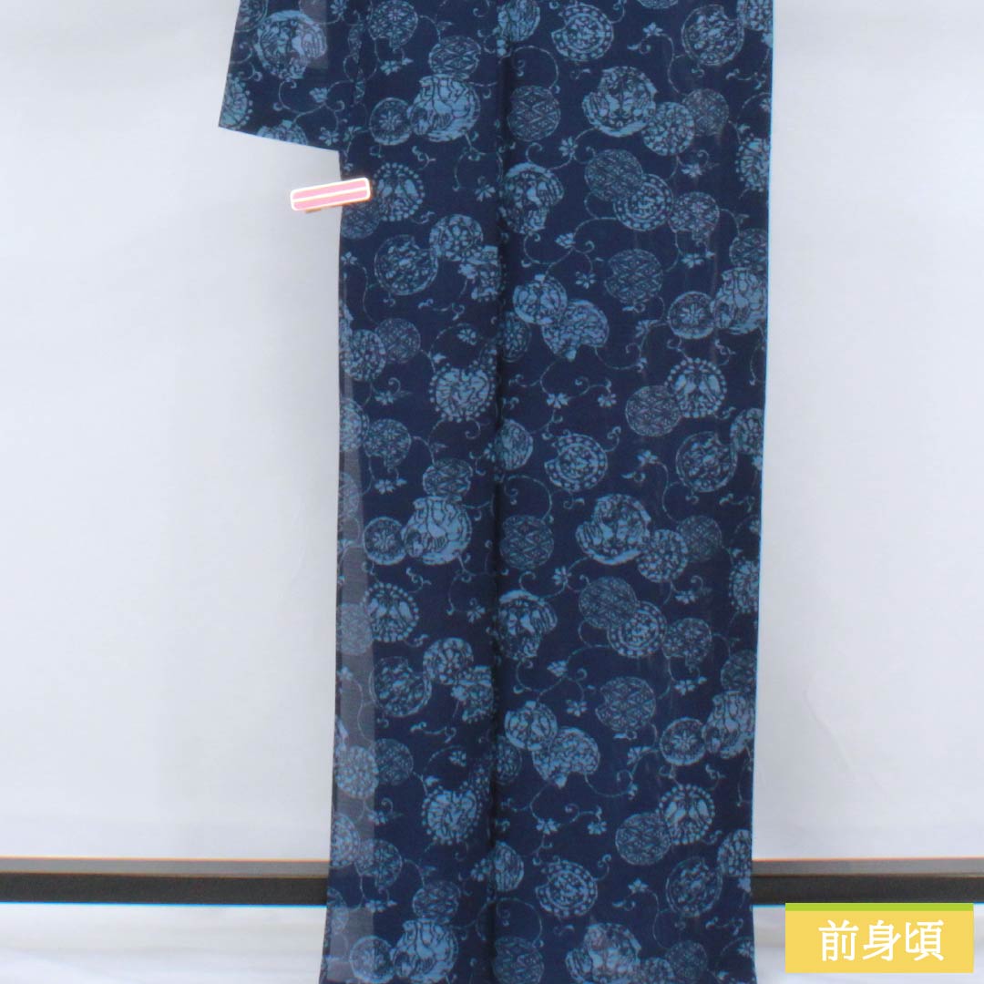 夏物 正絹 小紋 身丈163.5cm 裄丈63cm 紺色（こんいろ） 古典柄 型染 絽 Aランク 紺系 1132002713418