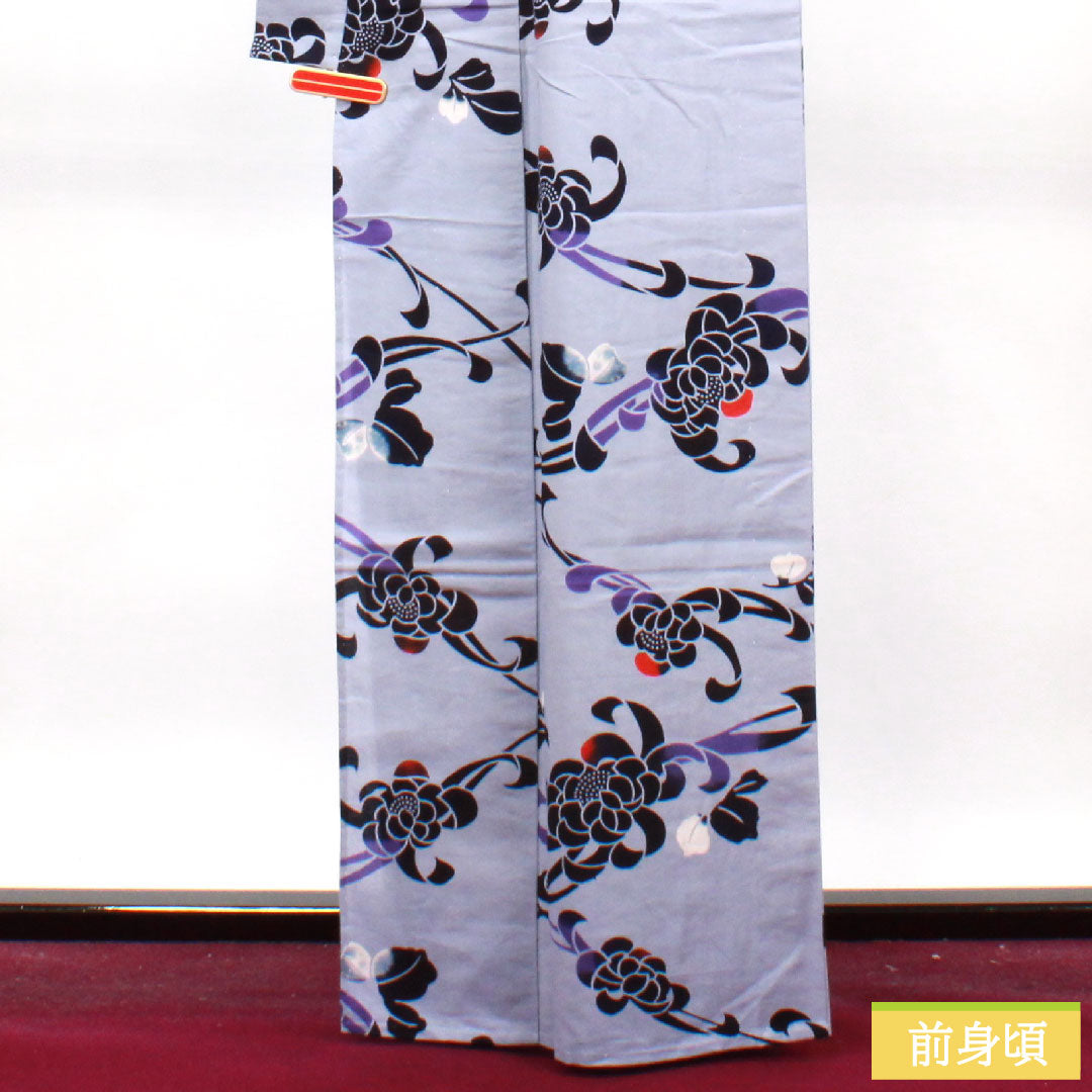 浴衣 木綿 身丈164cm 裄丈65.5cm Aランク 単衣 グレー系 白菫色（しろすみれいろ） 菊 1118004873422