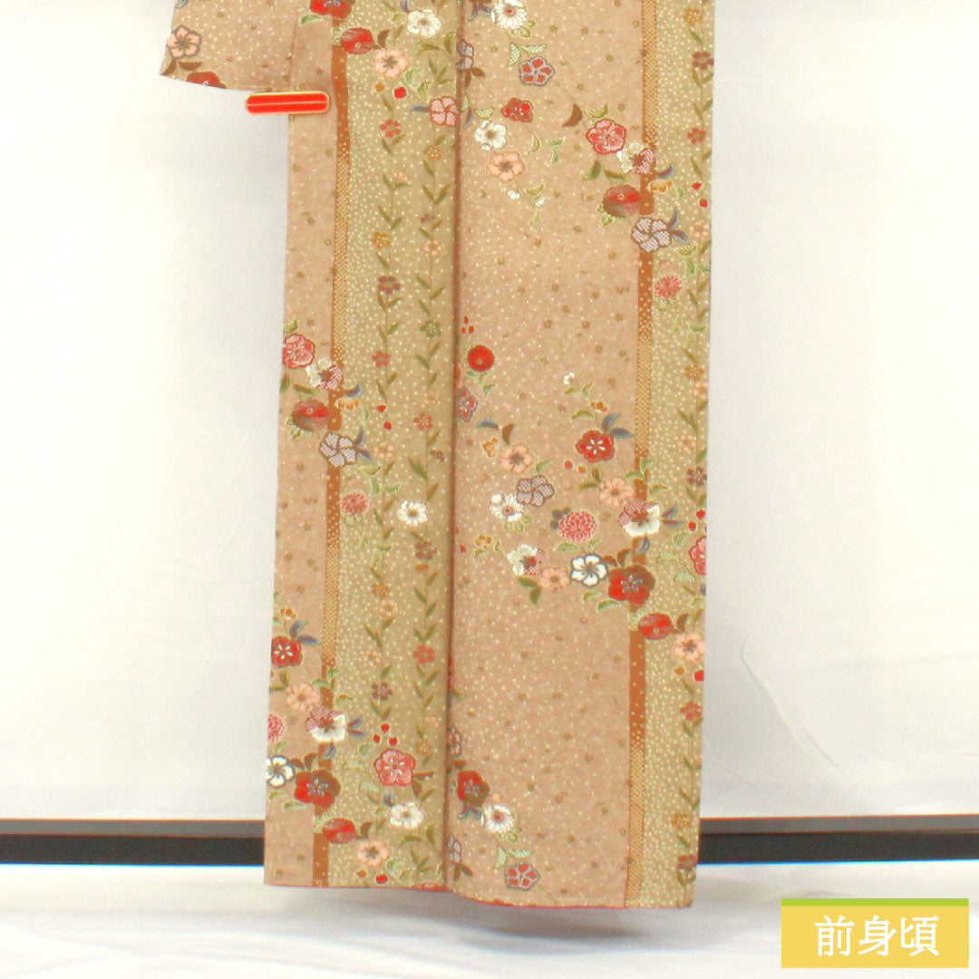 小紋 ポリエステル 身丈159cm 裄丈65cm 袷 香色（こういろ） 洗える着物 辻ヶ花 しつけ糸付き 未使用品 Sランク ベージュ系 1115004532325