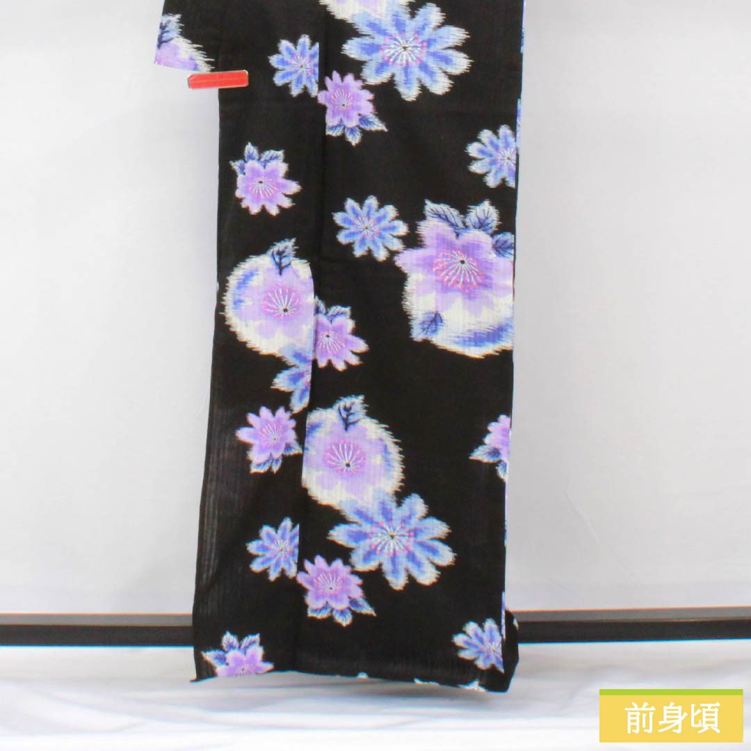 浴衣 木綿 身丈164.5cm 裄丈66.5cm Sランク 単衣 黒系 抽象花 1118005942410