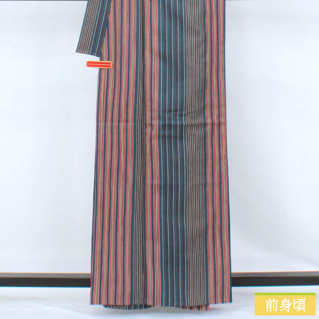 Small-pattern kimono, polyester, S rank, length 162cm, sleeve-to-sleeve 65.5cm, unlined, Berlin blue, stencil-dyed, striped, washable kimono, navy系, 1115007822418