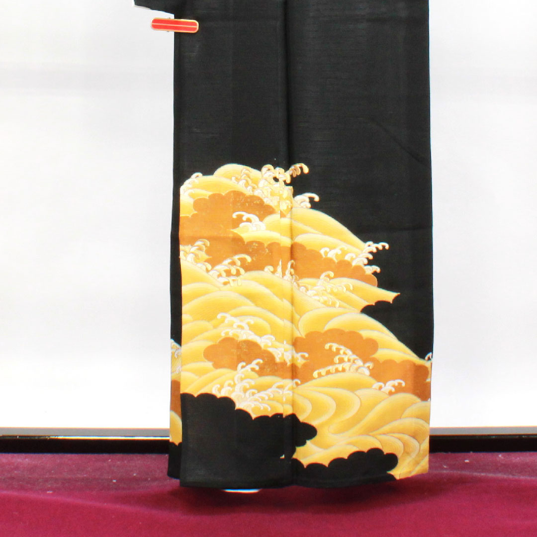 Summer polyester black formal kimono, length 159.5cm, sleeve length 66cm, wave pattern, washable kimono, Gosankiri, silk, B rank, black, 1132001474310
