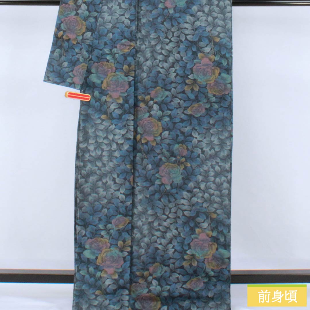 Pure silk tsumugi (pongee) kimono, Grade A, length 171.5cm, sleeve length 68cm, navy blue, rose and leaf motifs, basting thread included, lined, navy blue, product number 1116004373618