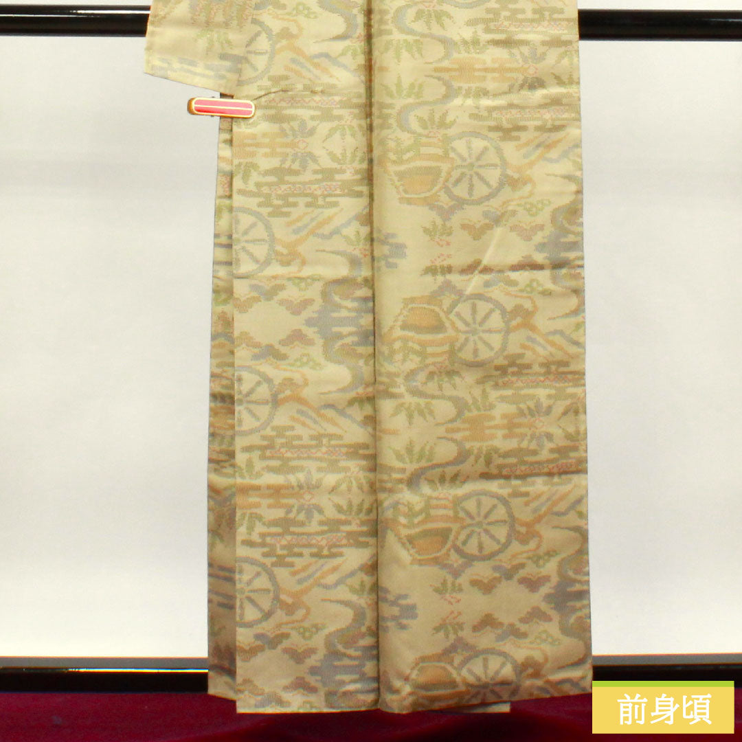 大島紬 正絹 身丈157.5cm 裄丈64.5cm  蕎麦切色 緯総絣 風景模様 Aランク 袷 ベージュ系 1116002883325